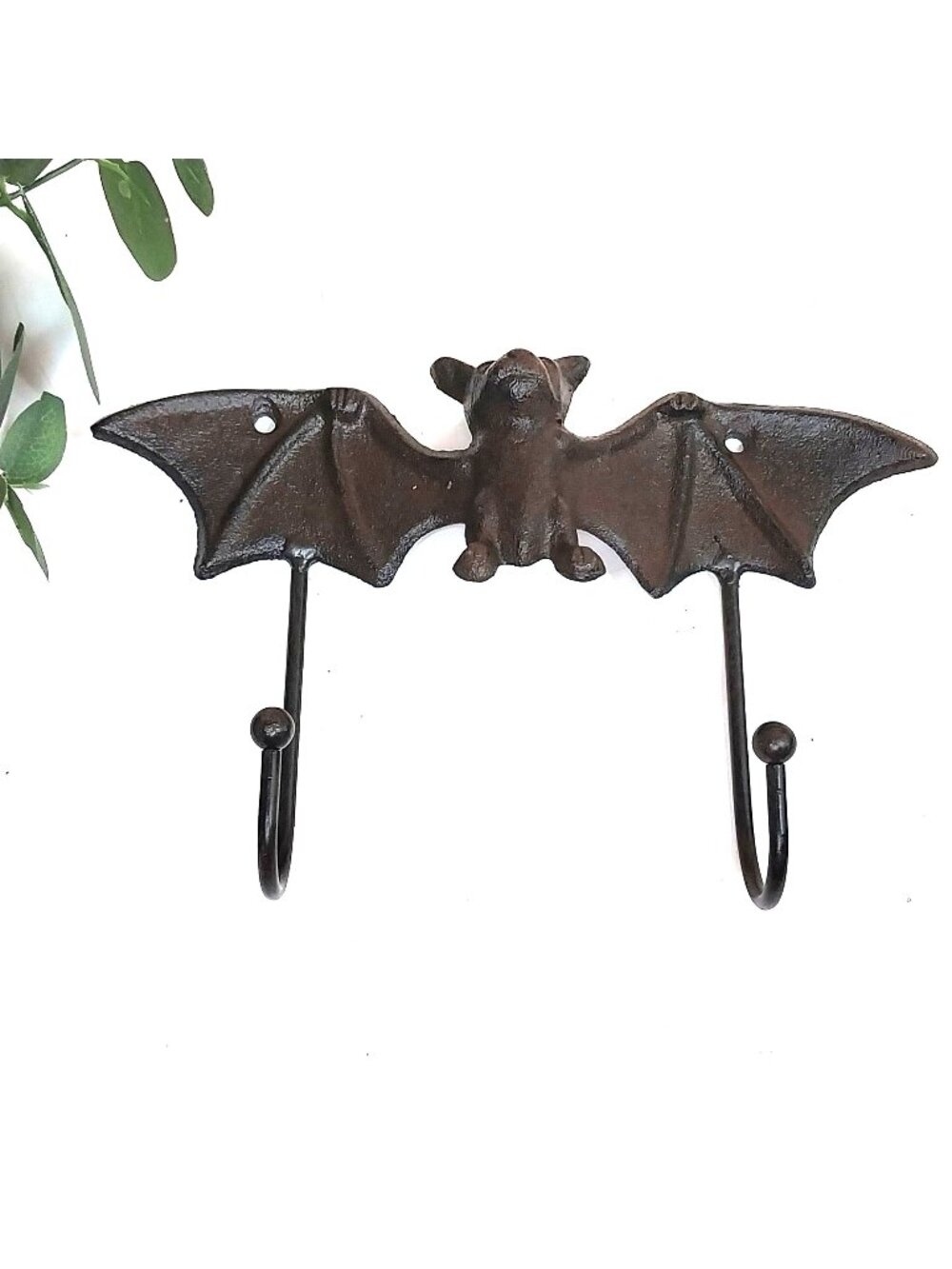Cast Iron Bat Double Wall Hook Key Rack Rustic Brown Finish 9" Wingspan